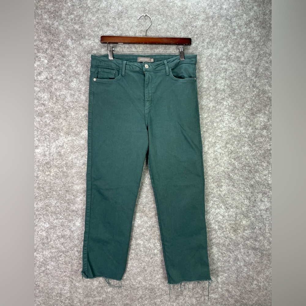 Just USA Straight Jeans Womens 31 Green Mid Rise Raw Hem Crop Stretch.